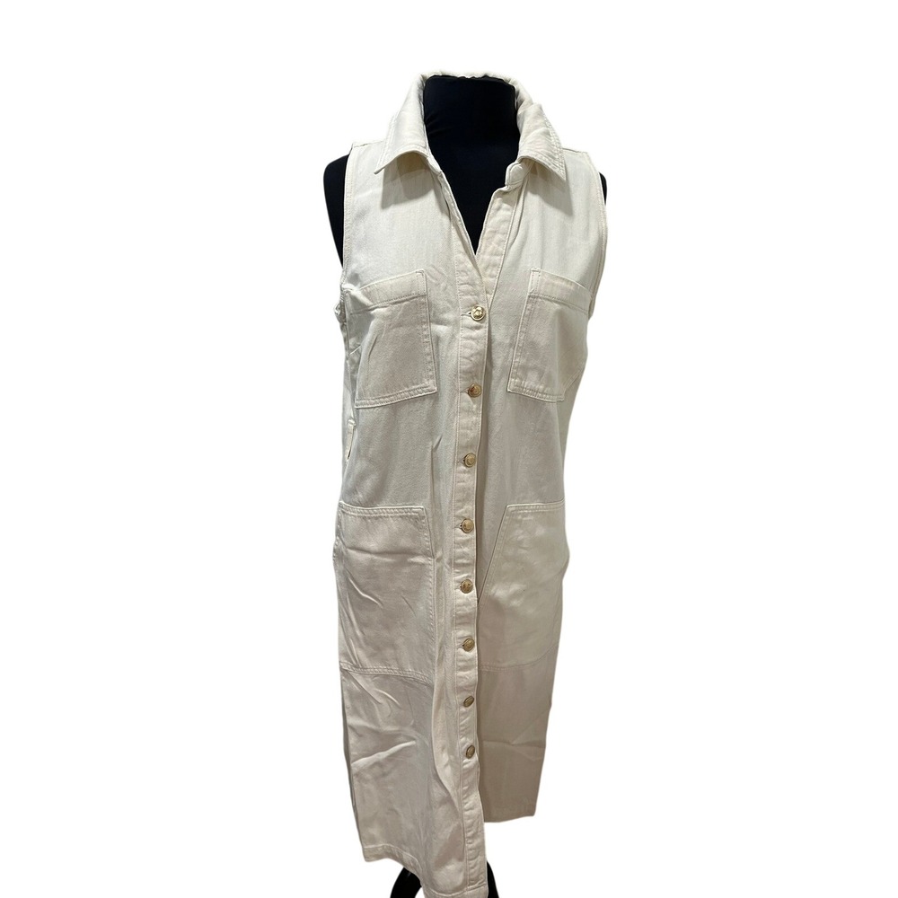 Michael Kors Womens Cream Denim Sleeveless Button Front Utility Midi Dress Large